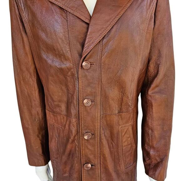 Vintage Designer International Leather Coat 42L Brown 70s Style Zip Liner - Picture 4 of 13